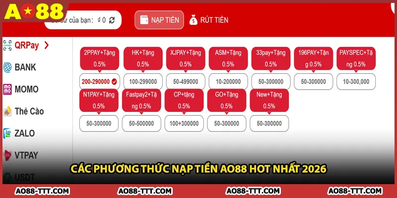 Các Phương Thức Nạp Tiền AO88 Hot Nhất 2026