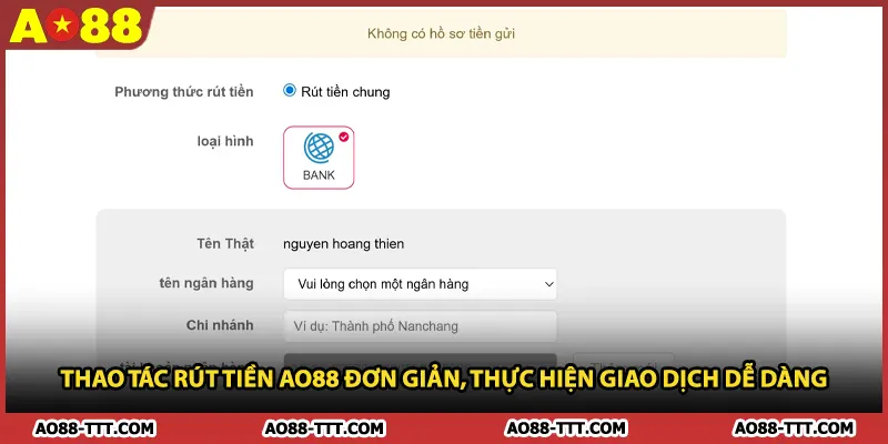 Thao tác rút tiền AO88 đơn giản, thực hiện giao dịch dễ dàng